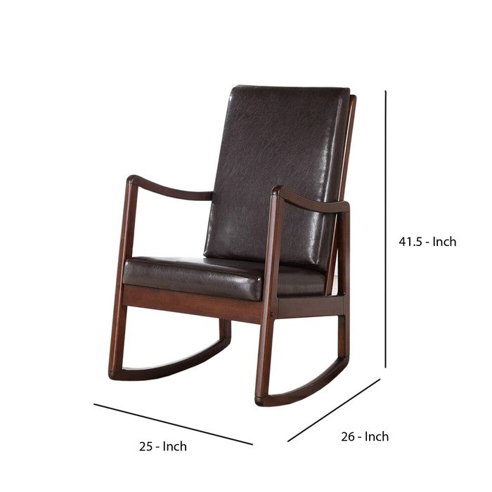 Wooden Framed Rocking Chair with Leatherette Cushioned Seat and Back, Brown
