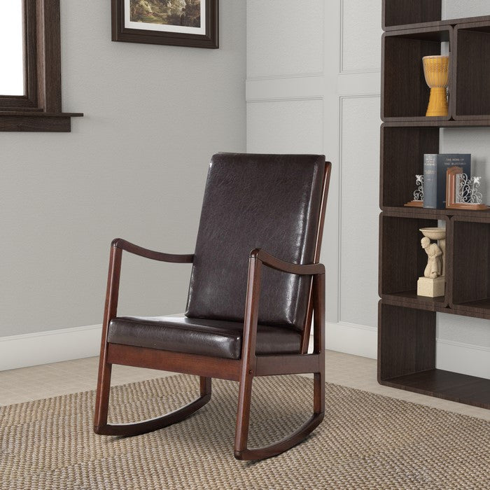 Wooden Framed Rocking Chair with Leatherette Cushioned Seat and Back, Brown