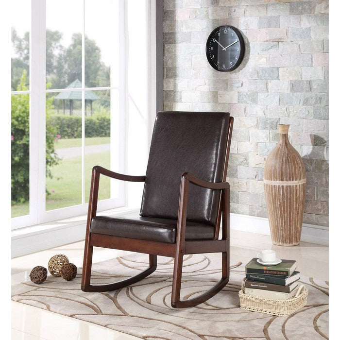 Wooden Framed Rocking Chair with Leatherette Cushioned Seat and Back, Brown