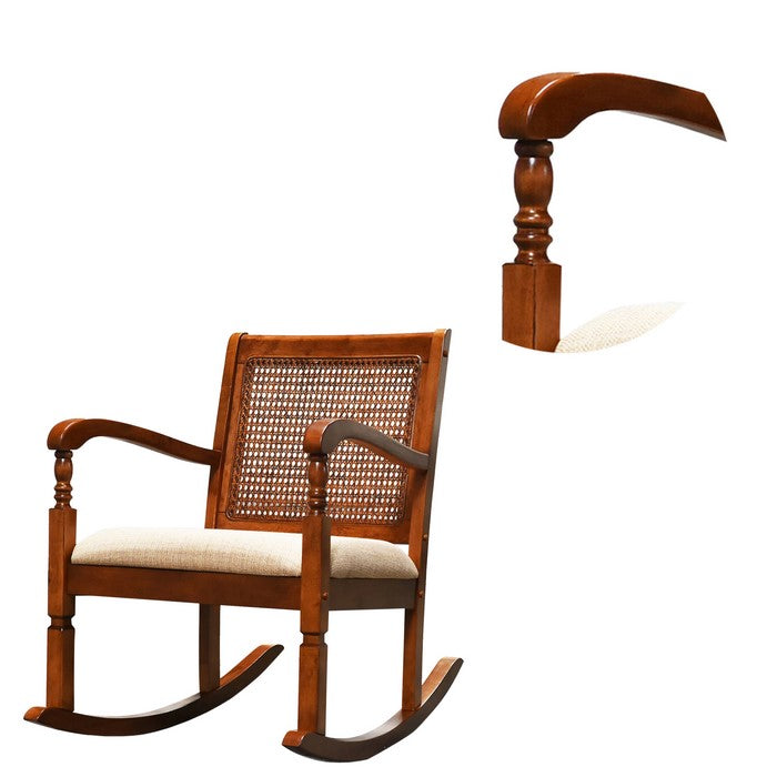 Wooden Rocking Chair with Mesh Design Back and Fabric Upholstered Seat, Brown and Beige