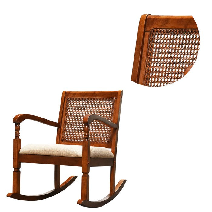 Wooden Rocking Chair with Mesh Design Back and Fabric Upholstered Seat, Brown and Beige