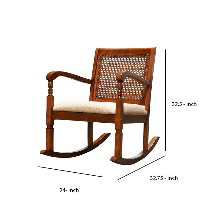 Wooden Rocking Chair with Mesh Design Back and Fabric Upholstered Seat, Brown and Beige