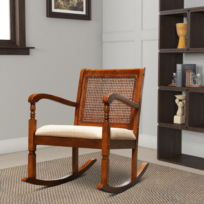 Wooden Rocking Chair with Mesh Design Back and Fabric Upholstered Seat, Brown and Beige