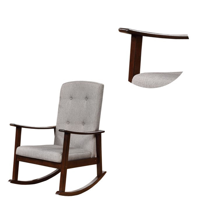 Wooden Rocking Chair with Fabric Upholstered Seat and Tufted Back, Brown and Gray
