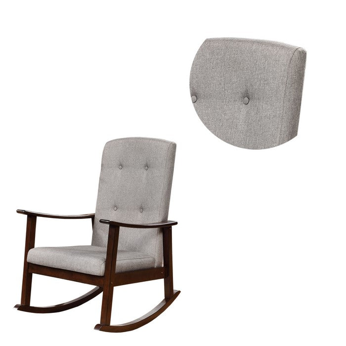 Wooden Rocking Chair with Fabric Upholstered Seat and Tufted Back, Brown and Gray