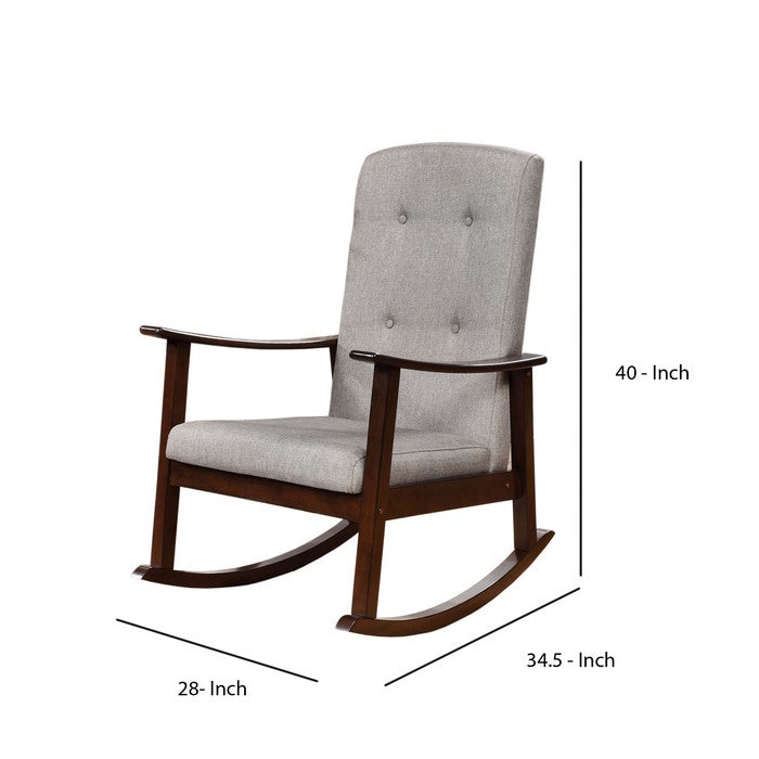 Wooden Rocking Chair with Fabric Upholstered Seat and Tufted Back, Brown and Gray