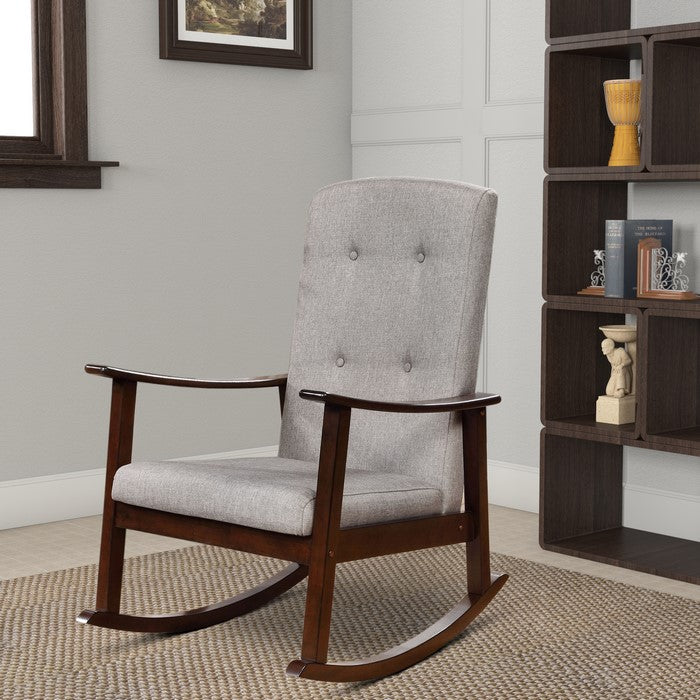 Wooden Rocking Chair with Fabric Upholstered Seat and Tufted Back, Brown and Gray