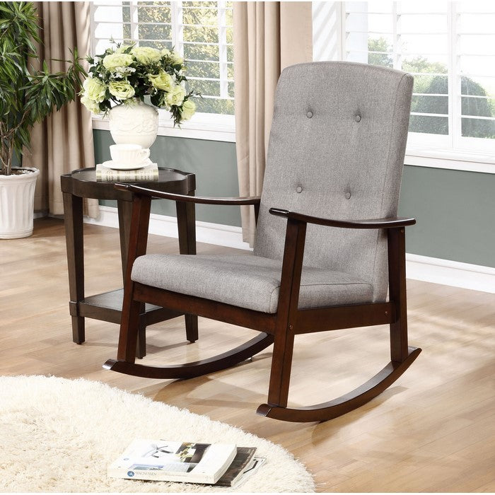 Wooden Rocking Chair with Fabric Upholstered Seat and Tufted Back, Brown and Gray