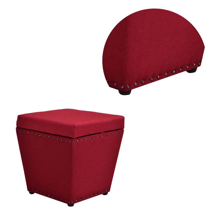 Fabric Upholstered Wooden Ottoman with Nail head Trim Tapered Bottom, Red