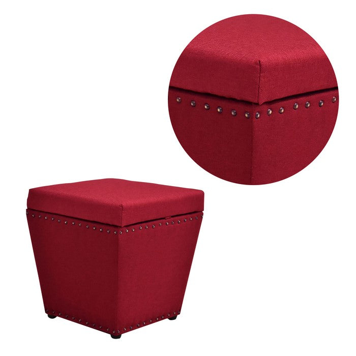 Fabric Upholstered Wooden Ottoman with Nail head Trim Tapered Bottom, Red
