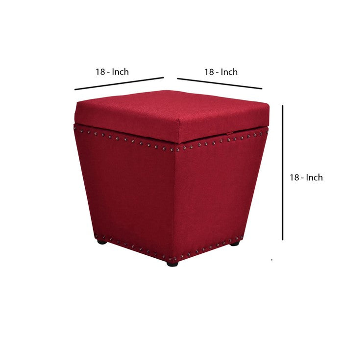Fabric Upholstered Wooden Ottoman with Nail head Trim Tapered Bottom, Red