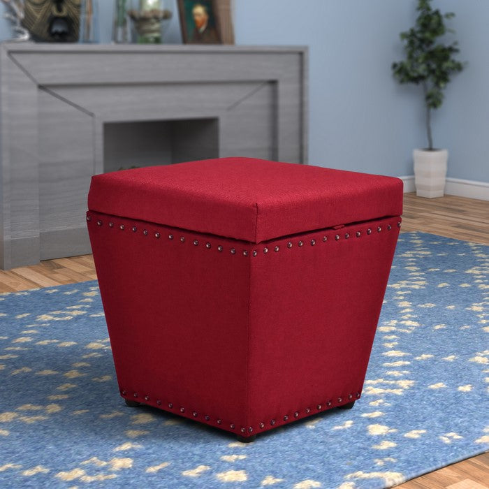 Fabric Upholstered Wooden Ottoman with Nail head Trim Tapered Bottom, Red