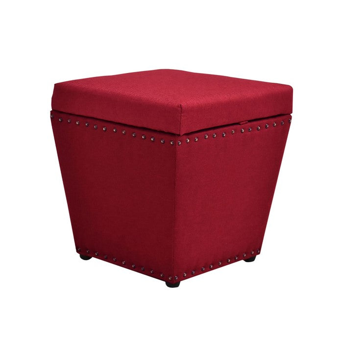 Fabric Upholstered Wooden Ottoman with Nail head Trim Tapered Bottom, Red