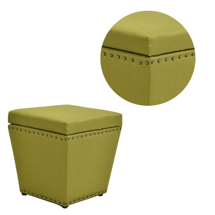 Fabric Upholstered Wooden Ottoman with Nail head Trim Tapered Bottom, Green