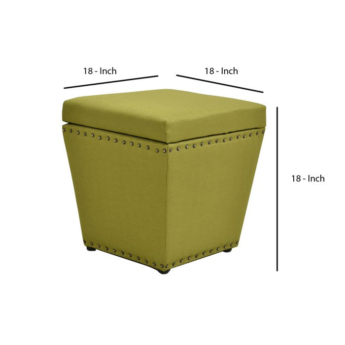 Fabric Upholstered Wooden Ottoman with Nail head Trim Tapered Bottom, Green