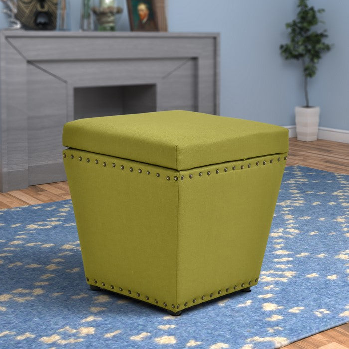 Fabric Upholstered Wooden Ottoman with Nail head Trim Tapered Bottom, Green