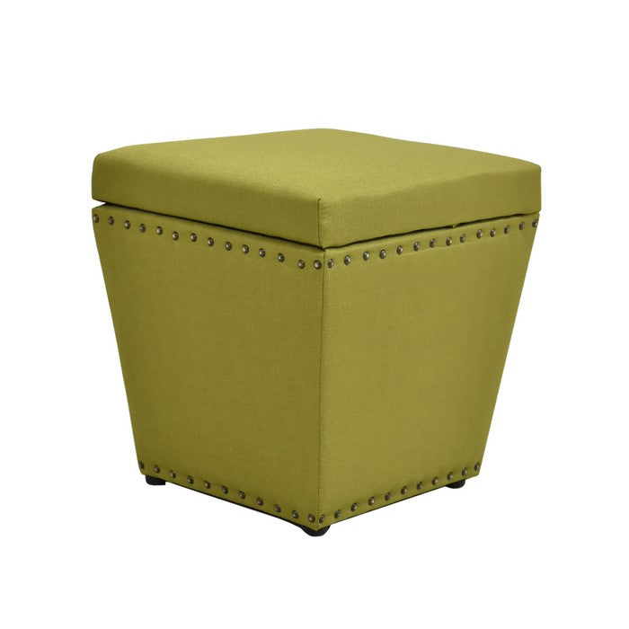 Fabric Upholstered Wooden Ottoman with Nail head Trim Tapered Bottom, Green