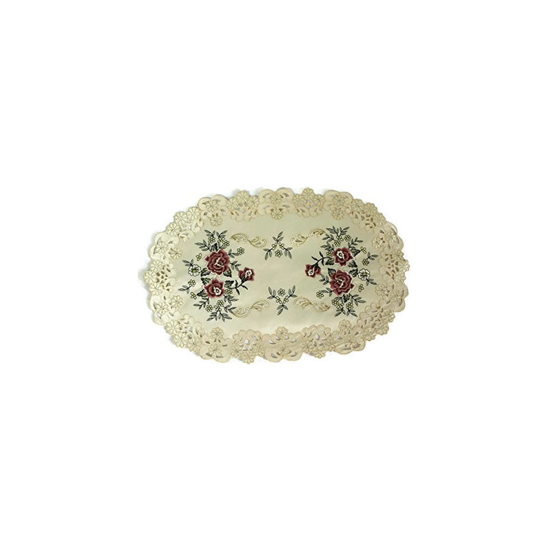 Large Placemat or Doily Embroidered with Red Burgundy Roses, Size 27 x 13 inches