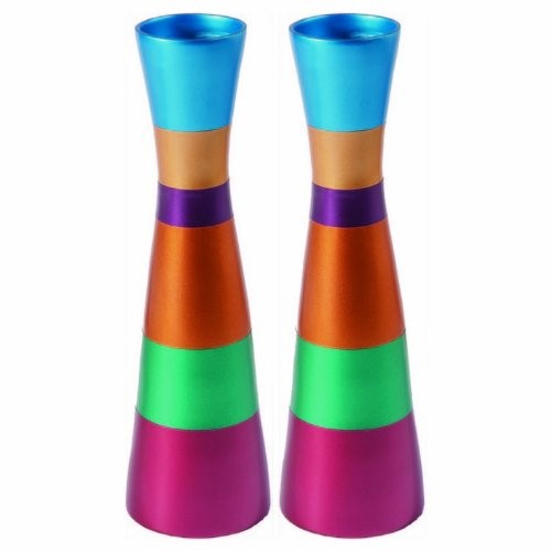 Yair Emanuel Anodized Aluminum Shabbat Candlesticks with Red and Pink Bands