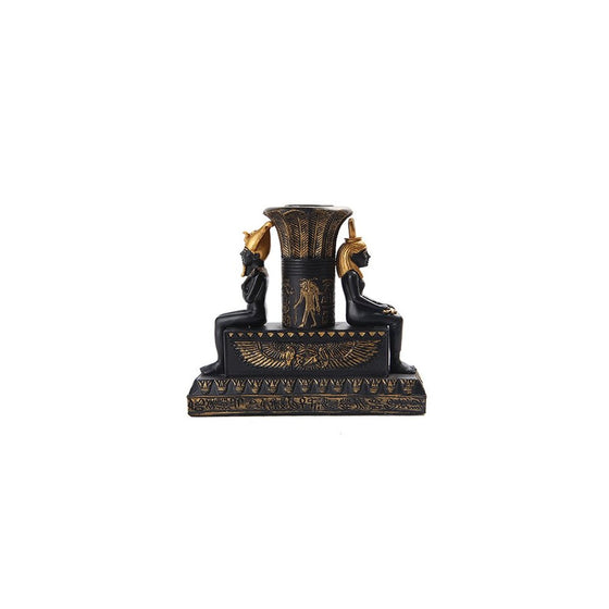 Egyptian Isis And Osiris Painted Candle Holder, Black and Gold Color