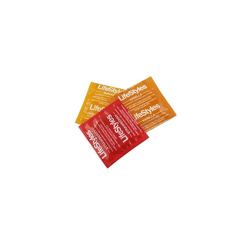 Lifestyles Luscious Flavors Assorted Variety Lubricated Latex Condoms [Variety to your love life with Sensuous Vanilla, Tropical Banana and Wild Strawberry flavored condoms] - Pack of 24