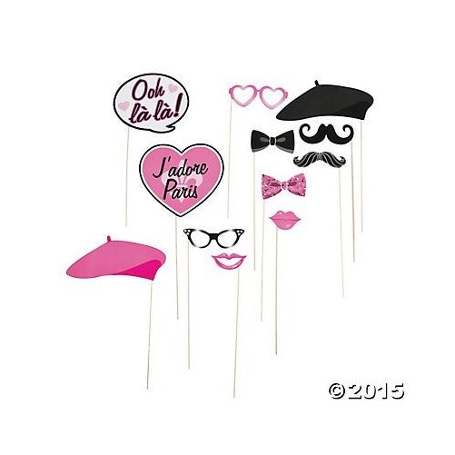 Paper Pink Paris Photo Booth Stick Props - 12 pcs by Party Supplies