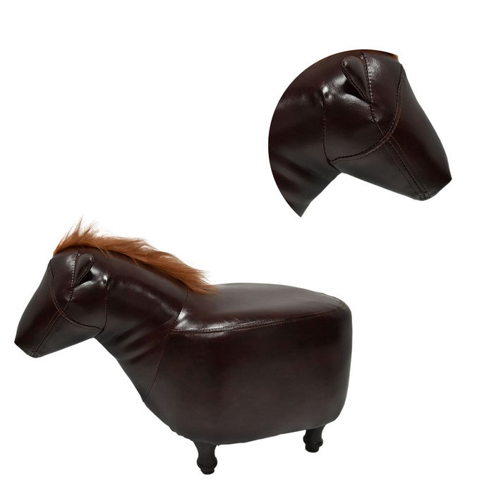 Horse Shape Wooden Storage Ottoman with Leatherette Upholstery, Espresso Brown