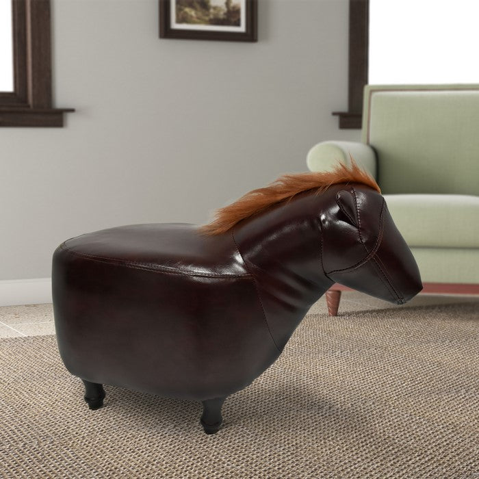 Horse Shape Wooden Storage Ottoman with Leatherette Upholstery, Espresso Brown