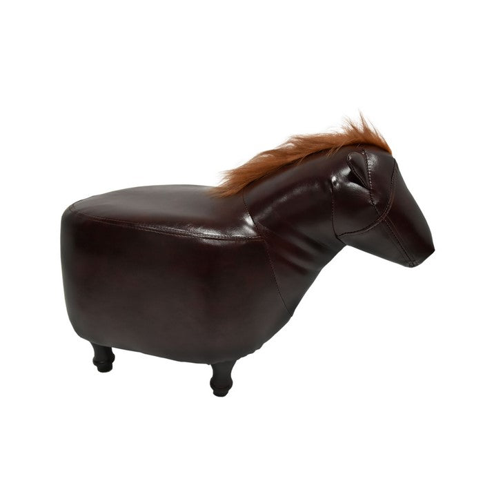 Horse Shape Wooden Storage Ottoman with Leatherette Upholstery, Espresso Brown