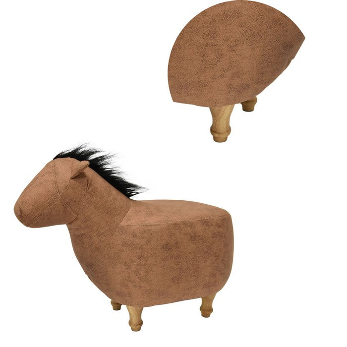 Horse Shape Wooden Storage Ottoman with Fabric Upholstery, Light Brown and Black