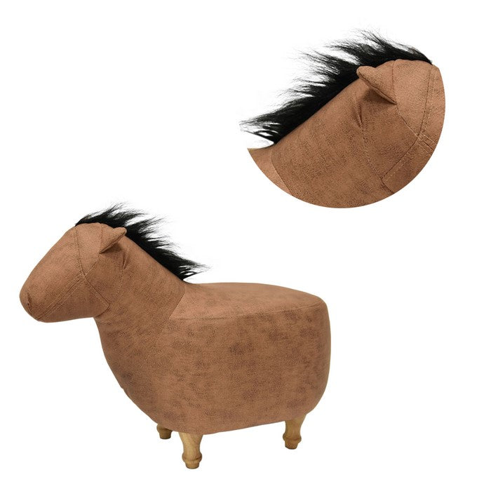 Horse Shape Wooden Storage Ottoman with Fabric Upholstery, Light Brown and Black