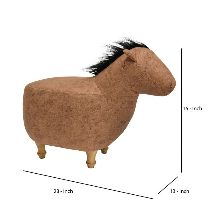 Horse Shape Wooden Storage Ottoman with Fabric Upholstery, Light Brown and Black
