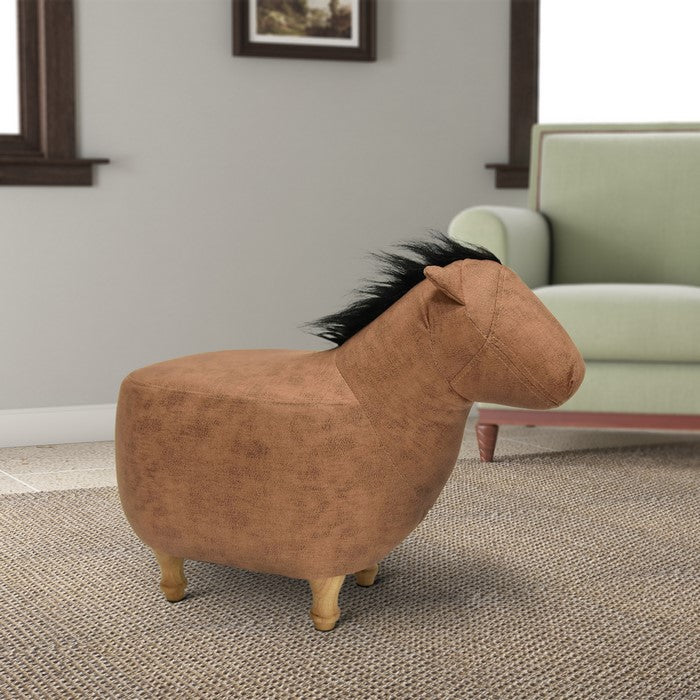 Horse Shape Wooden Storage Ottoman with Fabric Upholstery, Light Brown and Black