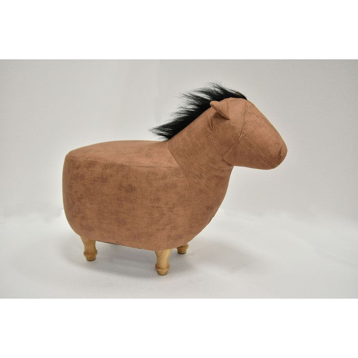 Horse Shape Wooden Storage Ottoman with Fabric Upholstery, Light Brown and Black