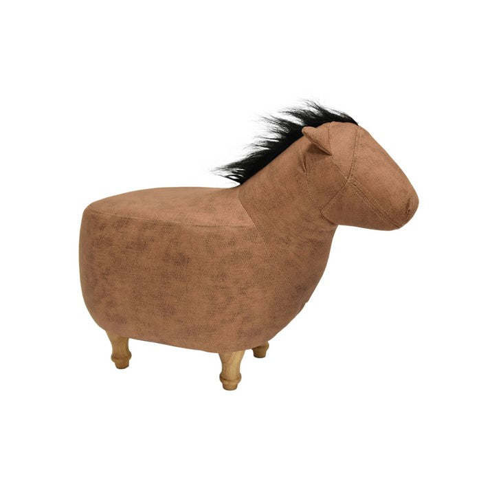 Horse Shape Wooden Storage Ottoman with Fabric Upholstery, Light Brown and Black