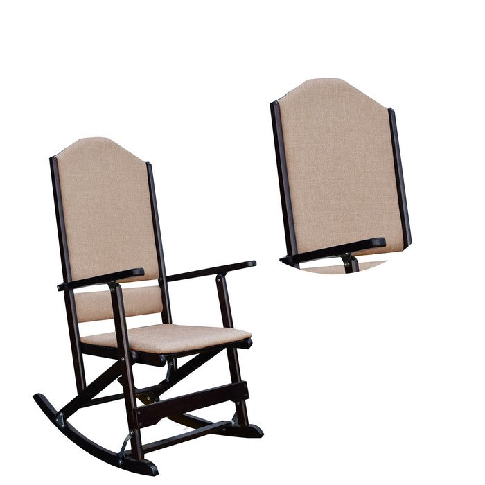 Wooden Folding Rocking Chair with Woven Fabric Upholstered Seat and Back, Beige and Brown