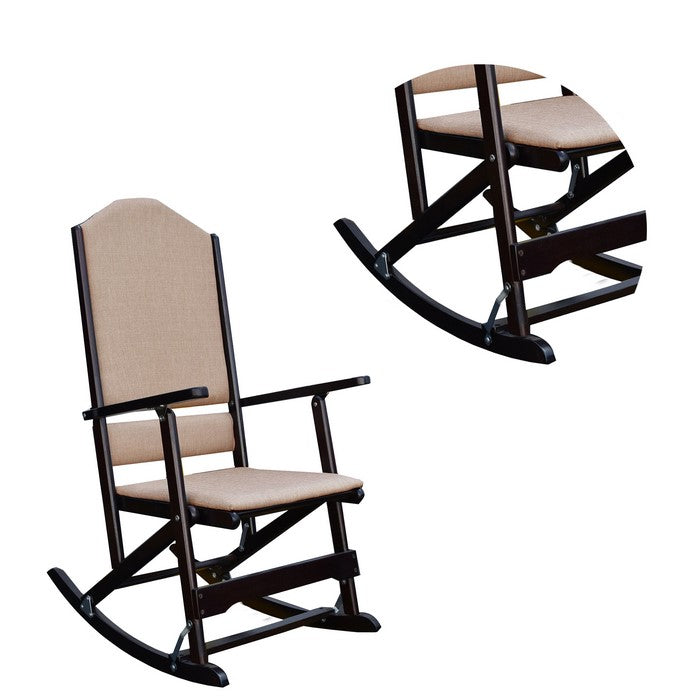Wooden Folding Rocking Chair with Woven Fabric Upholstered Seat and Back, Beige and Brown