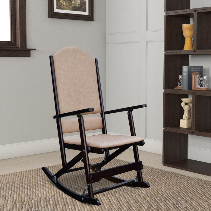 Wooden Folding Rocking Chair with Woven Fabric Upholstered Seat and Back, Beige and Brown