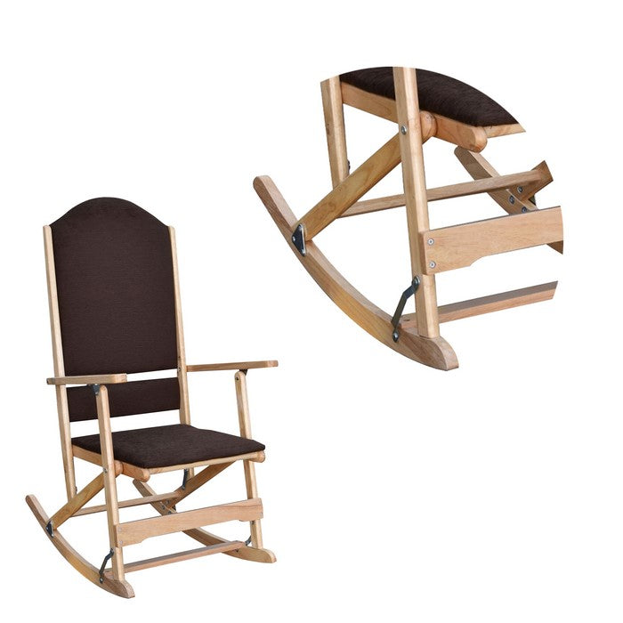 Wooden Folding Rocking Chair with Woven Fabric Upholstered Seat and Back, Brown
