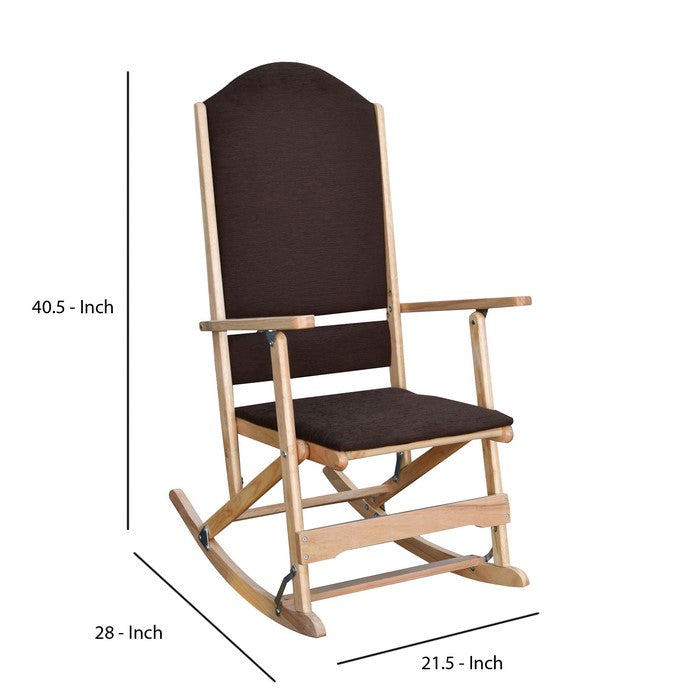 Wooden Folding Rocking Chair with Woven Fabric Upholstered Seat and Back, Brown
