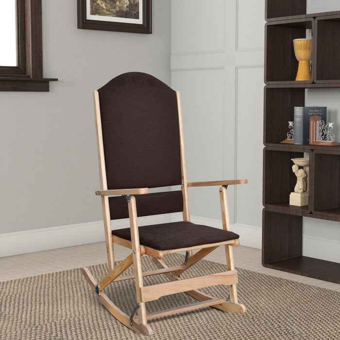 Wooden Folding Rocking Chair with Woven Fabric Upholstered Seat and Back, Brown