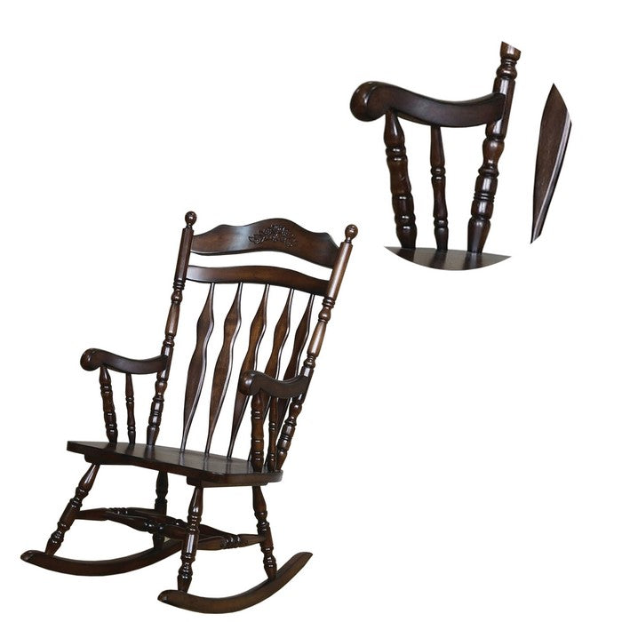 Traditional Windsor Style Wooden Rocking Chair with Stretchers, Walnut Brown