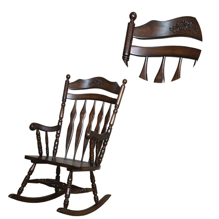 Traditional Windsor Style Wooden Rocking Chair with Stretchers, Walnut Brown