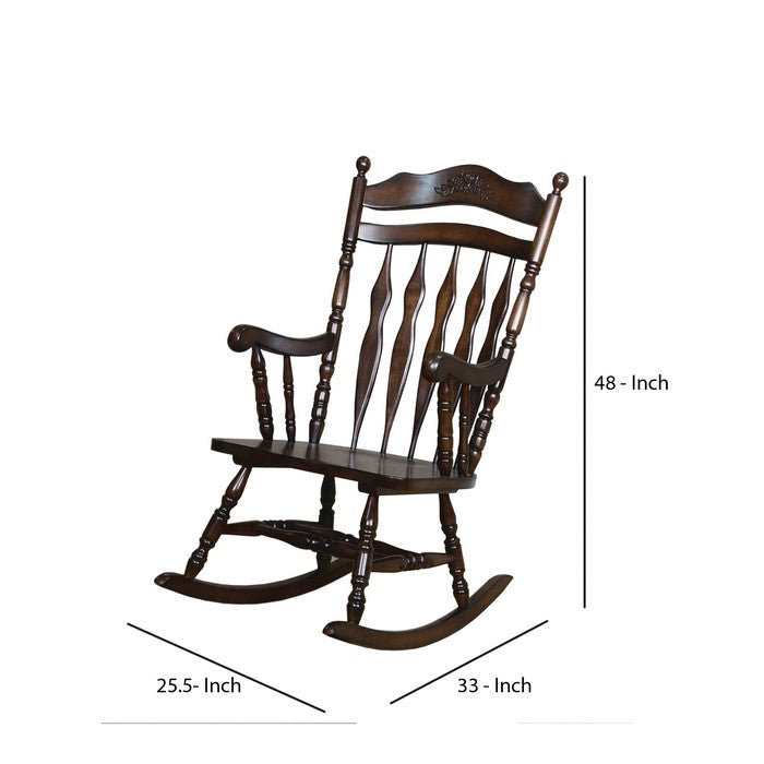 Traditional Windsor Style Wooden Rocking Chair with Stretchers, Walnut Brown