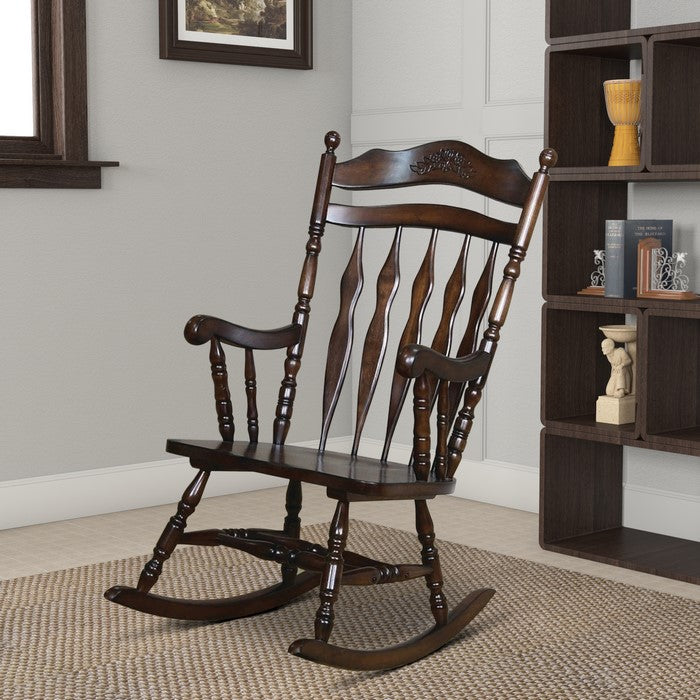 Traditional Windsor Style Wooden Rocking Chair with Stretchers, Walnut Brown