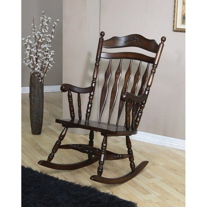 Traditional Windsor Style Wooden Rocking Chair with Stretchers, Walnut Brown