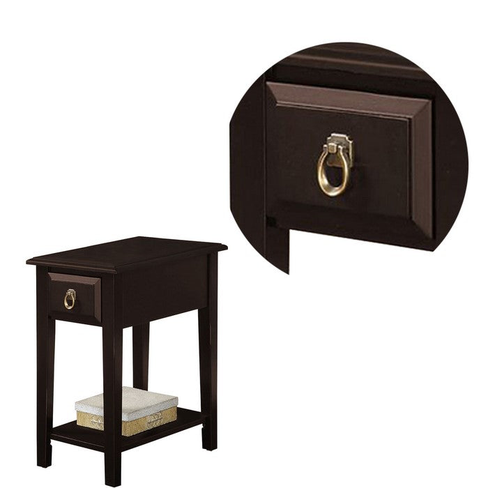 Wooden End Table with One Drawer and Bottom Shelf, Espresso Brown