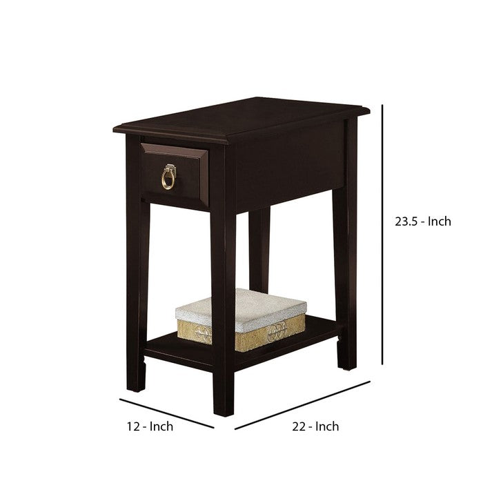 Wooden End Table with One Drawer and Bottom Shelf, Espresso Brown