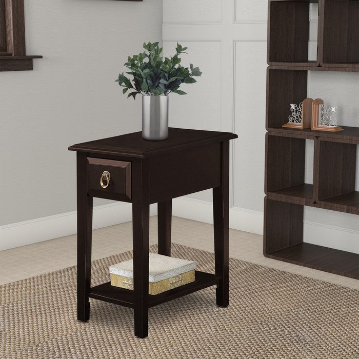 Wooden End Table with One Drawer and Bottom Shelf, Espresso Brown