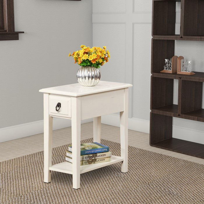 Wooden End Table with One Drawer and Bottom Shelf, White